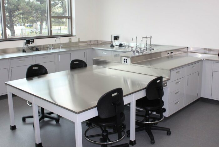 lab table with stainless countertops